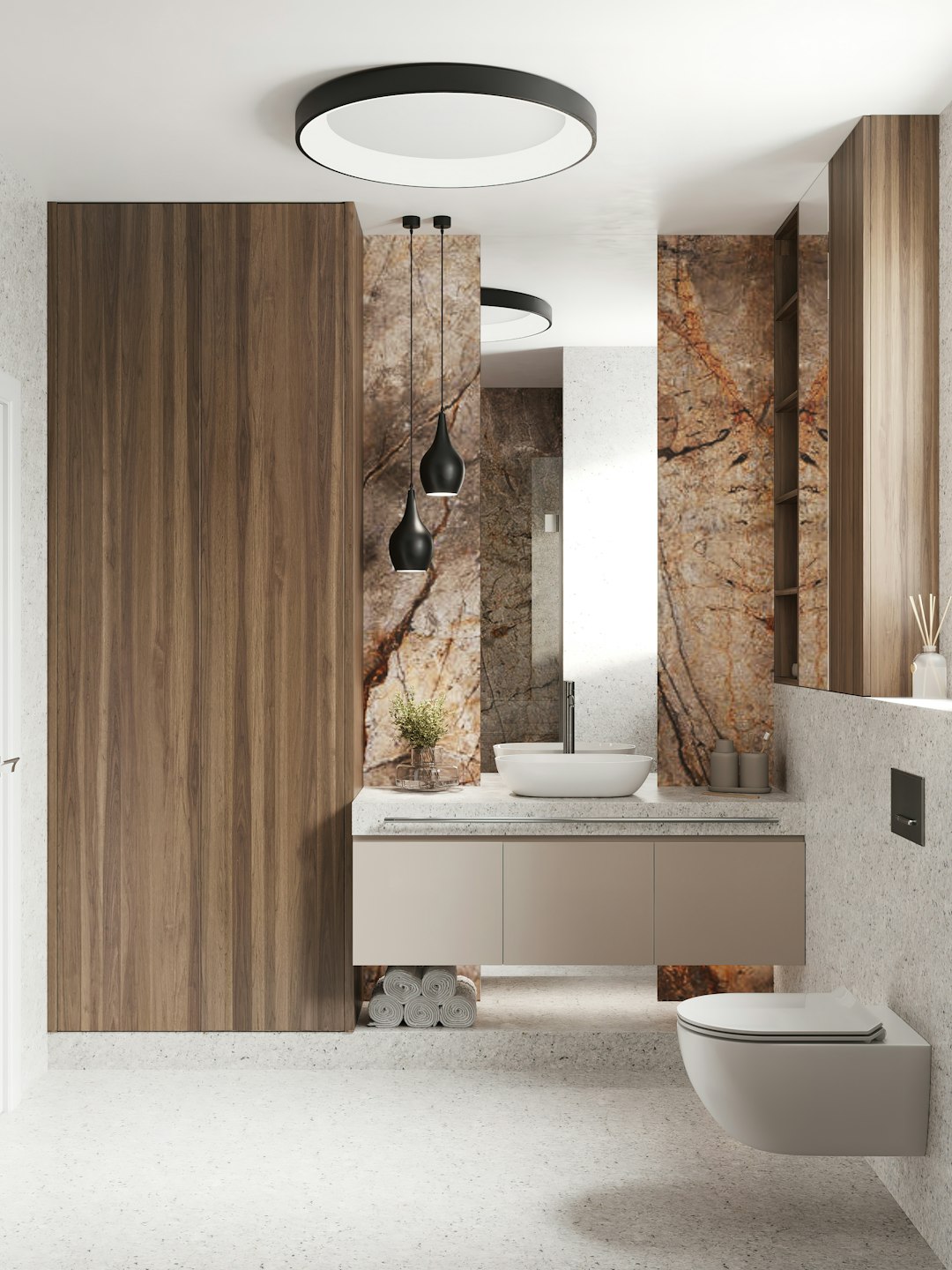 Badkamer met wastafelmeubel en spiegel