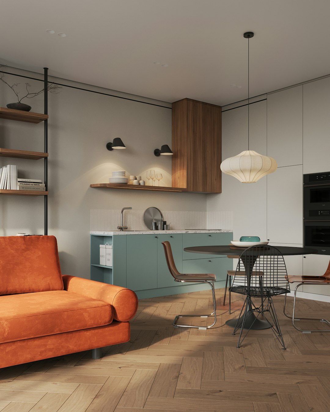 Ingericht appartement met woonkamer en eettafel