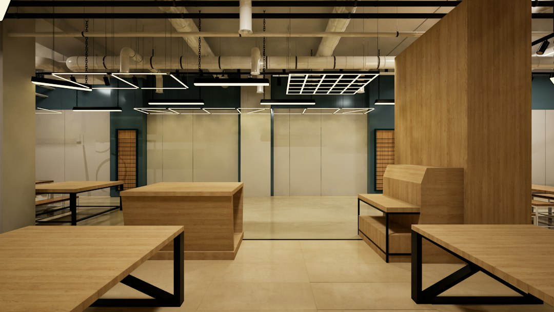 Modern interieur met houten meubels en betonnen wanden